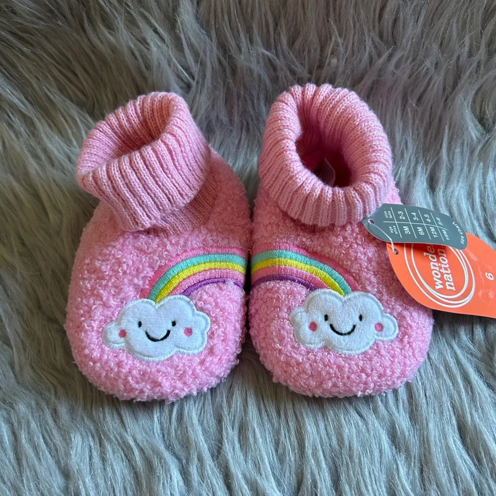 Wonder Nation Slippers Baby Girl Size 6 Pink Fuzzy Rainbow Shoes 18 Months NEW